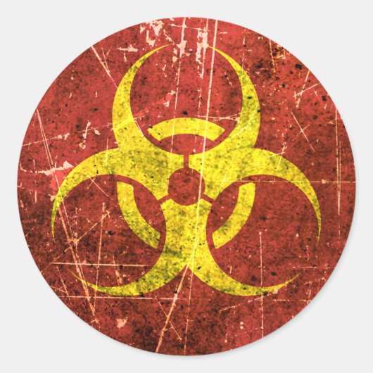 Gekrast en versleten geel en rood biohazard symboo ronde sticker (Voorkant)