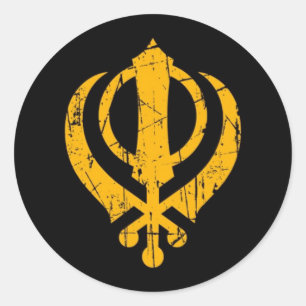 Gekrast geel Sikh Khanda symbool op zwart Ronde Sticker