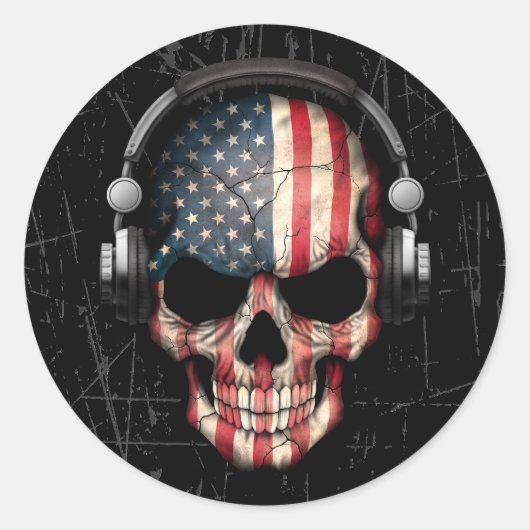 Gekraste Amerikaanse DJ Skull met Hoofdtelefoon Ronde Sticker (Voorkant)