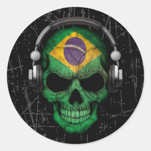 Gekraste Braziliaanse DJ Skull met Hoofdtelefoon Ronde Sticker