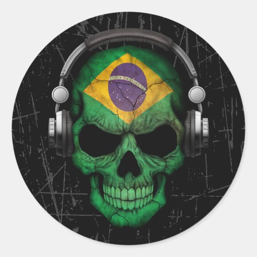 Gekraste Braziliaanse DJ Skull met Hoofdtelefoon Ronde Sticker (Voorkant)