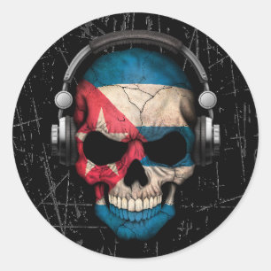 Gekraste Cubaanse DJ Skull met Hoofdtelefoon Ronde Sticker