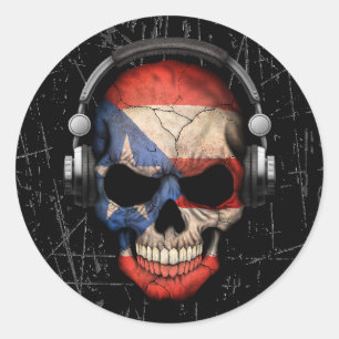 Gekraste Puerto Ricaanse DJ Skull met hoofdtelefoo Ronde Sticker