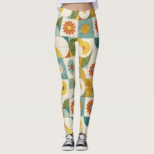 Gekromde lijnen, cirkels, gestileerd bloempatroon leggings (Voorkant)