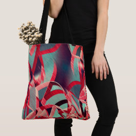 Gekromde rode linten boven blauwgrijs, geboord tote bag