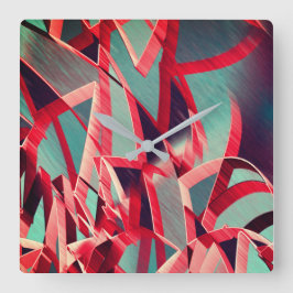 Gekromde rode linten boven blauwgrijs, geboord vierkante klok