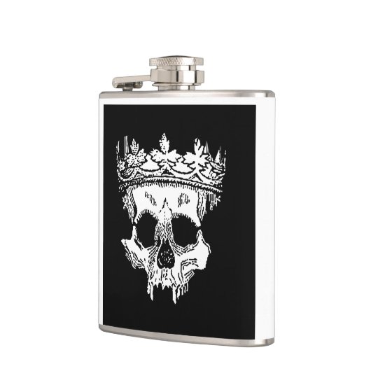 gekroond skelet hoofd op een fles heupfles (Links)