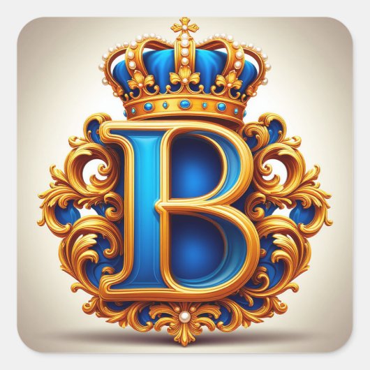 🔵 Gekroonde Blauwe Letter B Monogram Naamlabel ✨ Vierkante Sticker (Voorkant)