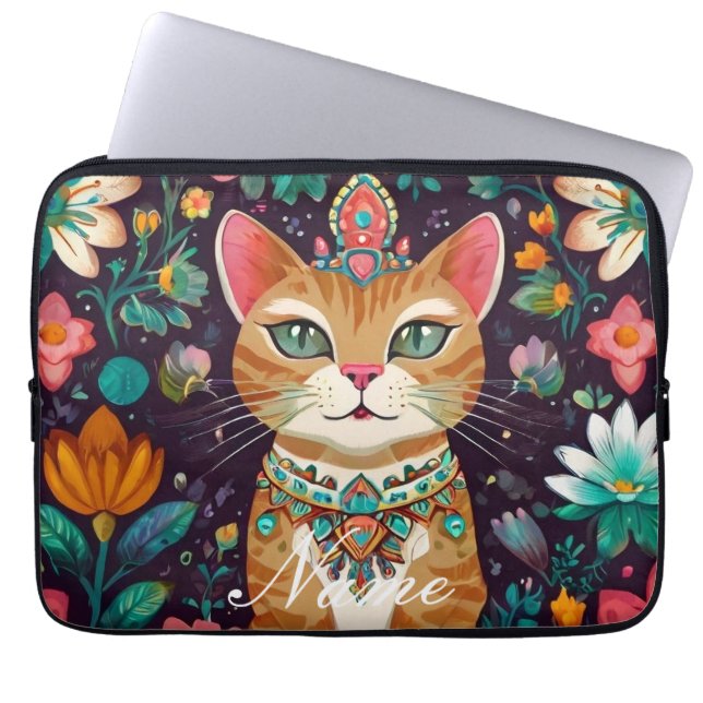 gekroonde met juwelen versierde kat laptop sleeve (Voorkant)