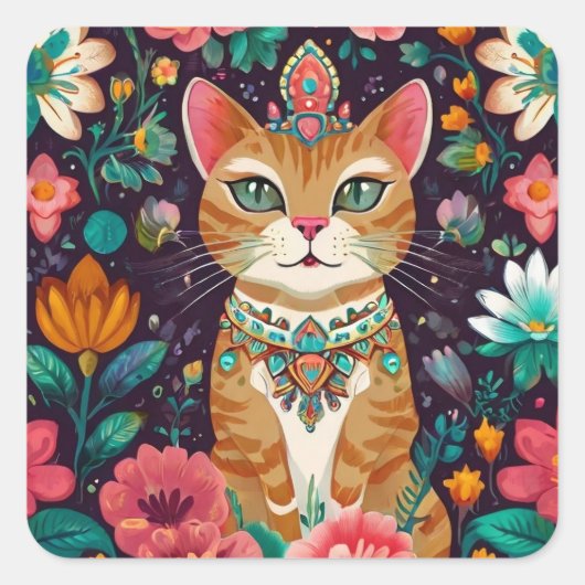 gekroonde met juwelen versierde kat vierkante sticker (Voorkant)