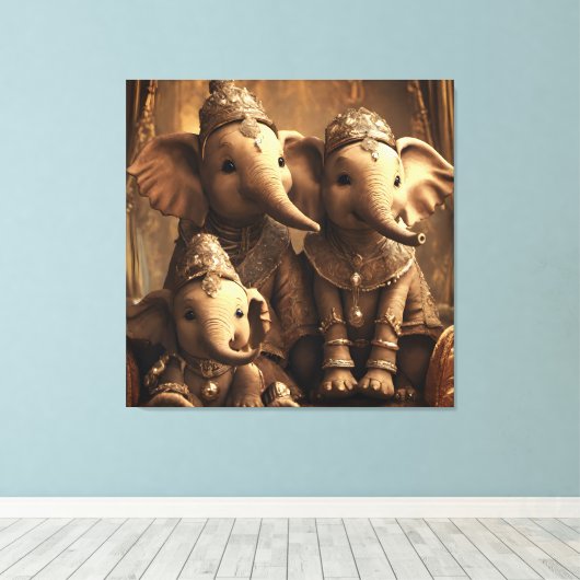 gekroonde olifant familie op canvas (Insitu (Houten vloer))