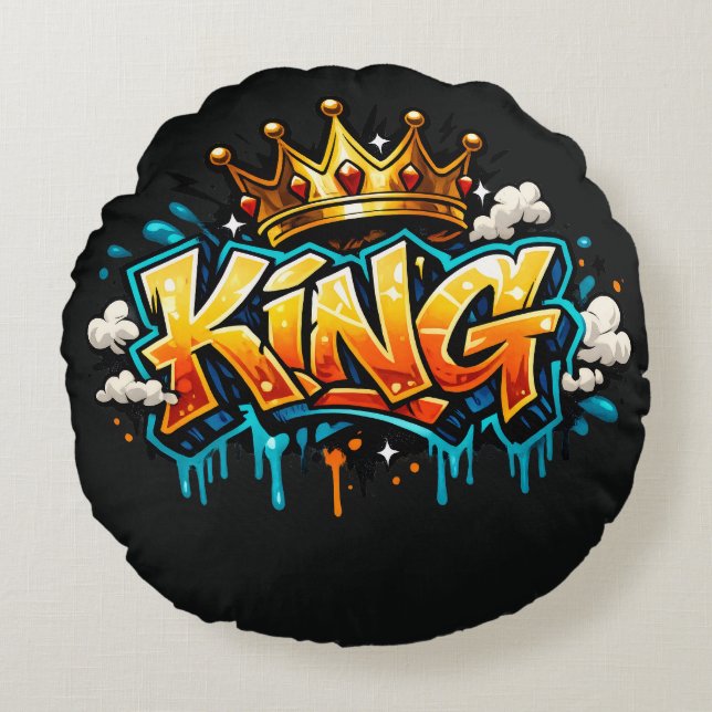 Gekroonde Straatkoning Graffiti Rond Kussen (Voorkant)