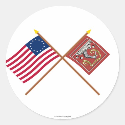 Gekruiste Betsy Ross en Bedford Vlaggen Ronde Sticker (Voorkant)