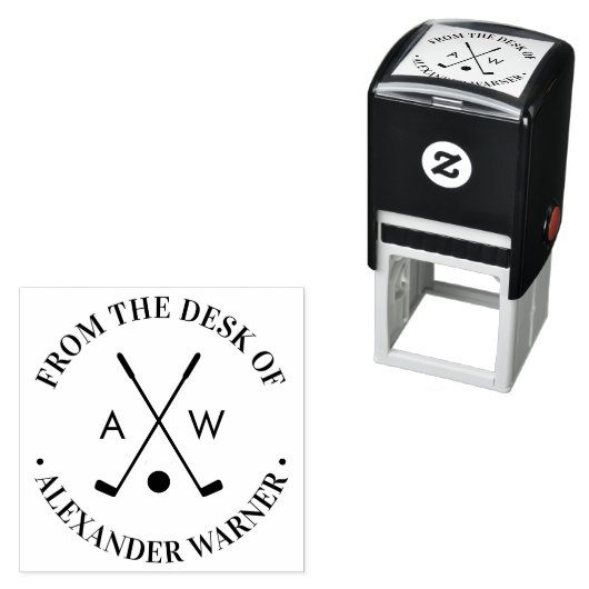 Gekruiste Golfclubs Golfbal Monogram ”bureau van” Zelfinktende Stempel (In situ)