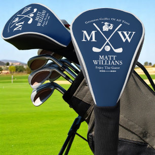 Gekruiste golfclubs met naam van golfer koel blauw golfheadcover