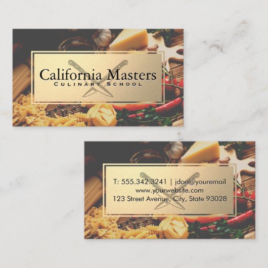 Gekruiste messen | Goud metaal | Eten op tafel Visitekaartje (Voorkant / Achterkant)