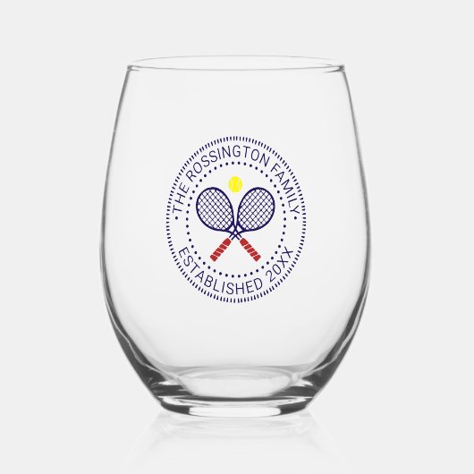 Gekruiste Tennis Rackets Familienaam Datum Este NC Wijnglas Zonder Voet (Voorkant)