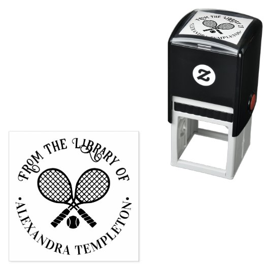 Gekruiste Tennisrackets Ronde Bibliotheek Boeknaam Zelfinktende Stempel (In situ)