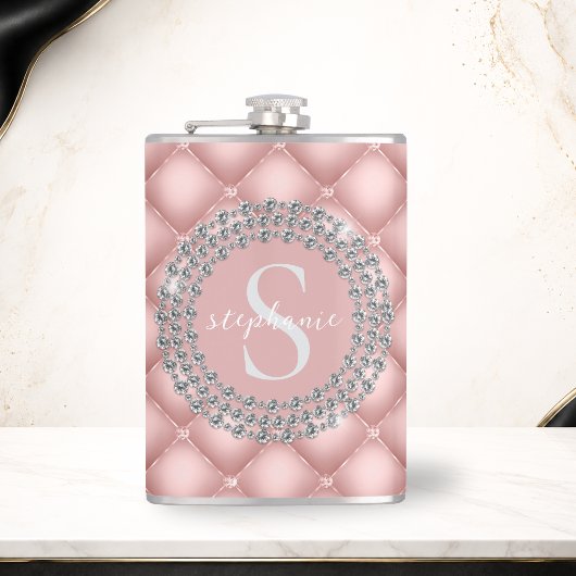 Gekrulde Fonkelende Diamanten Blush Roze Monogram Heupfles