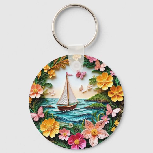Gekrulde natuurtafereel met zeilboot sleutelhanger (Voorkant)