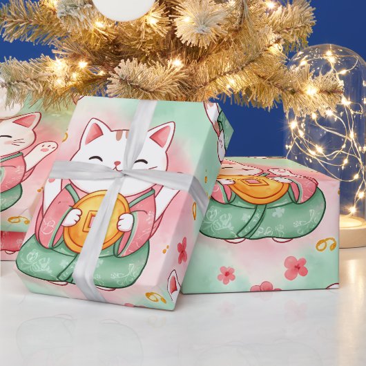 Gekukte Katten – Voorspoed in Pastel Patroon Cadeaupapier (Feestdagen)