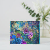 Gekweekte pacock op blauwe Paarse Floral Briefkaart (Staand voorkant)