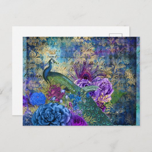 Gekweekte pacock op blauwe Paarse Floral Briefkaart (Voorkant / Achterkant)