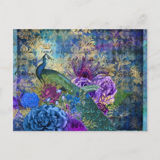Gekweekte pacock op blauwe Paarse Floral Briefkaart (Voorkant)