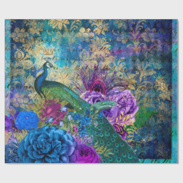 Gekweekte pacock op blauwe Paarse Floral Cadeaupapier