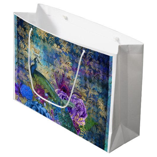 Gekweekte pacock op blauwe Paarse Floral Groot Cadeauzakje (Voorkant Gekanteld)