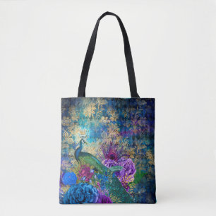 Gekweekte pacock op blauwe Paarse Floral Tote Bag