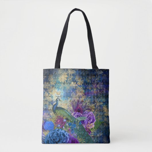 Gekweekte pacock op blauwe Paarse Floral Tote Bag (Voorkant)