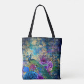 Gekweekte pacock op blauwe Paarse Floral Tote Bag (Achterkant)