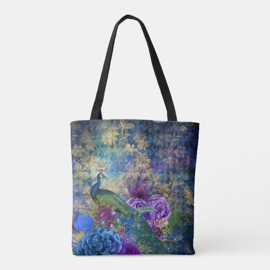 Gekweekte pacock op blauwe Paarse Floral Tote Bag (Achterkant)