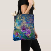 Gekweekte pacock op blauwe Paarse Floral Tote Bag (Dichtbij)
