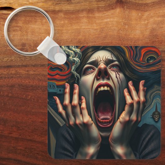 Gekwelde vrouw die schreeuwt sleutelhanger (Voorkant)