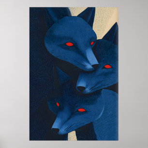 Gelaagde Blauwe Vos Muurkunst - Grafisch Geëtst Poster