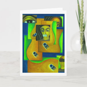 Gelaagde gezichten in groen en blauw door Hassan W Kaart