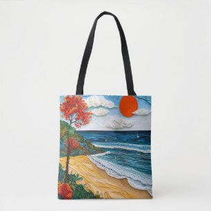 Gelaagde papierkunst strand met een boom tote bag