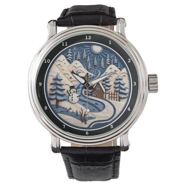Gelaagde Sneeuwman Winterdorp Horloge (Voorkant)