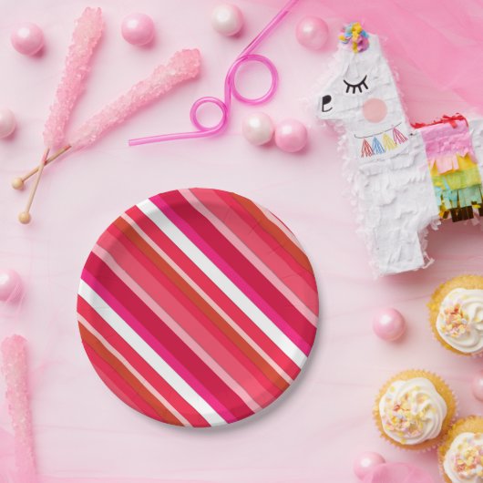 Gelaagde snoepjes strepen - rood, roze en wit papieren bordje (Feest)