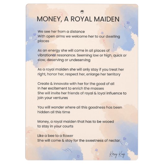 Geld, een Inspirerend gedicht van Royal Maiden Klembord (Achterkant)