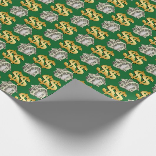 Geld huizen en gouden dollar borden cadeaupapier (Hoek)