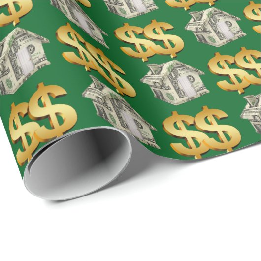 Geld huizen en gouden dollar borden cadeaupapier (Rol Hoek)