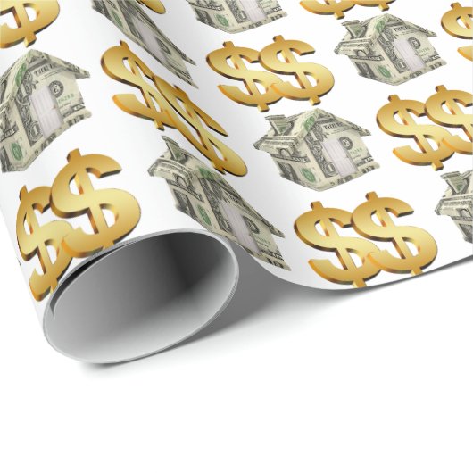 Geld huizen en gouden dollar borden cadeaupapier (Rol Hoek)