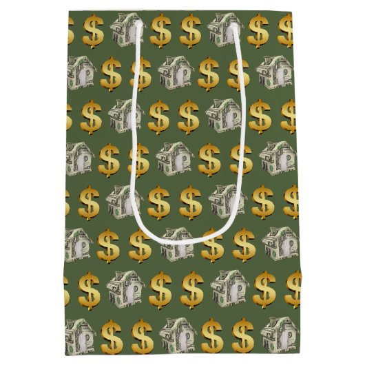 Geld huizen en gouden dollar borden medium cadeauzakje (Achterkant)