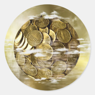 Geld maakt de wereld rond, geld wereldbol goud ronde sticker