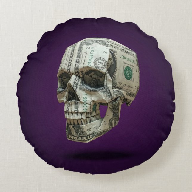 Geld Origami Menselijke Schedel Rond Kussen (Voorkant)