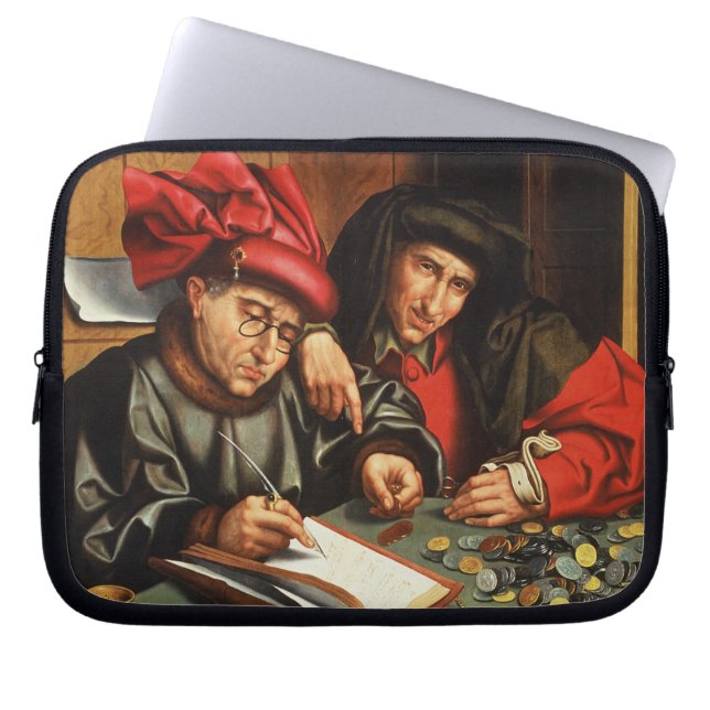 Geldleners (olie op eiken paneel) laptop sleeve (Voorkant)