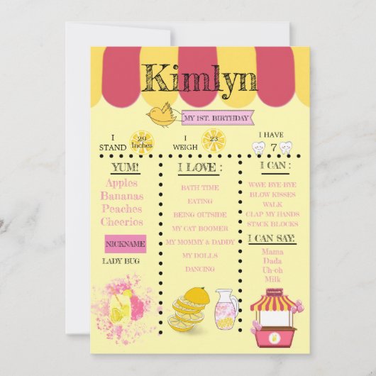 Gele 1e verjaardag limonade stand-geel save the date (Voorkant)